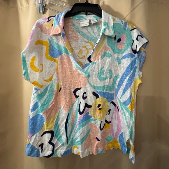 Rachel Zoe Women’s XL 100% Linen Top Colorful Abstract Print Short Sleeve Blouse - Picture 1 of 3
